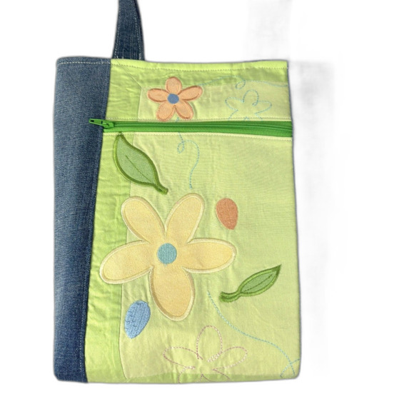 Handmade Upcycled Denim Floral Small Tote Bag Magnetic Closure Pockets Cotton - Picture 7 of 11